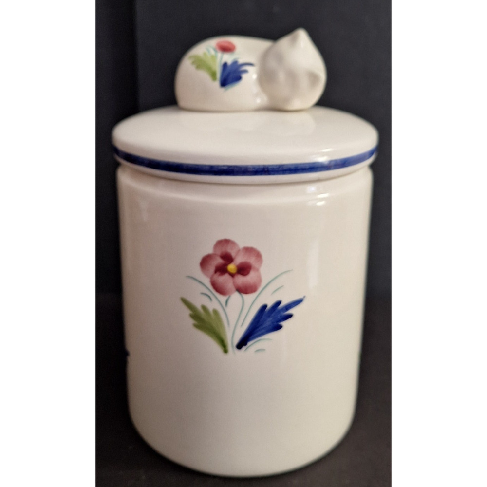 Vintage ELPA Alcobaca Portugal Hand Painted Ceramic Cat Canister w/lid 7.5"